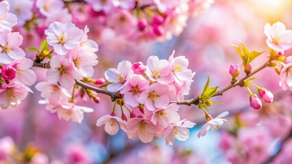 Fototapeta premium Close-up of delicate pink cherry blossoms on a tree branch in a spring orchard, spring, pastel, blooming, flower