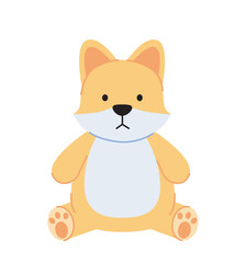 Plush toy concept. Yellow dog. Pretty soft animal for children. Fun and entertainment for kids. Teddy puppy. Social media sticker. Flat vector illustration