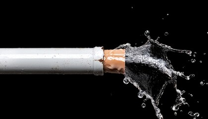 Damaged white pipe leaking water, illustrating a plumbing emergency, maintenance needs, and home repair services