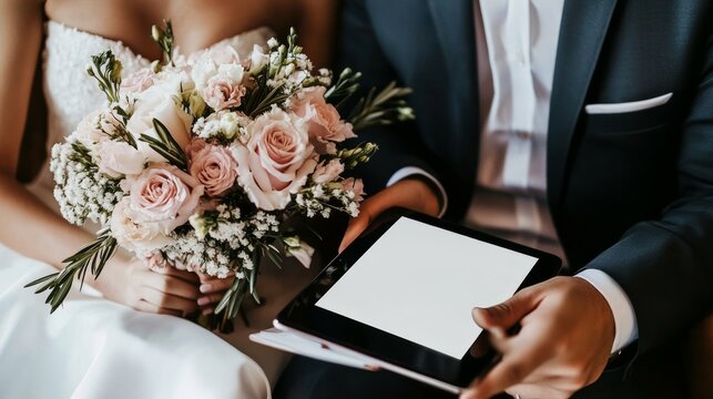 A couple planning their dream wedding using wedding planning apps and digital invitations on a tablet, Modern lifestyle scene, Wedding preparation style - Powered by Adobe