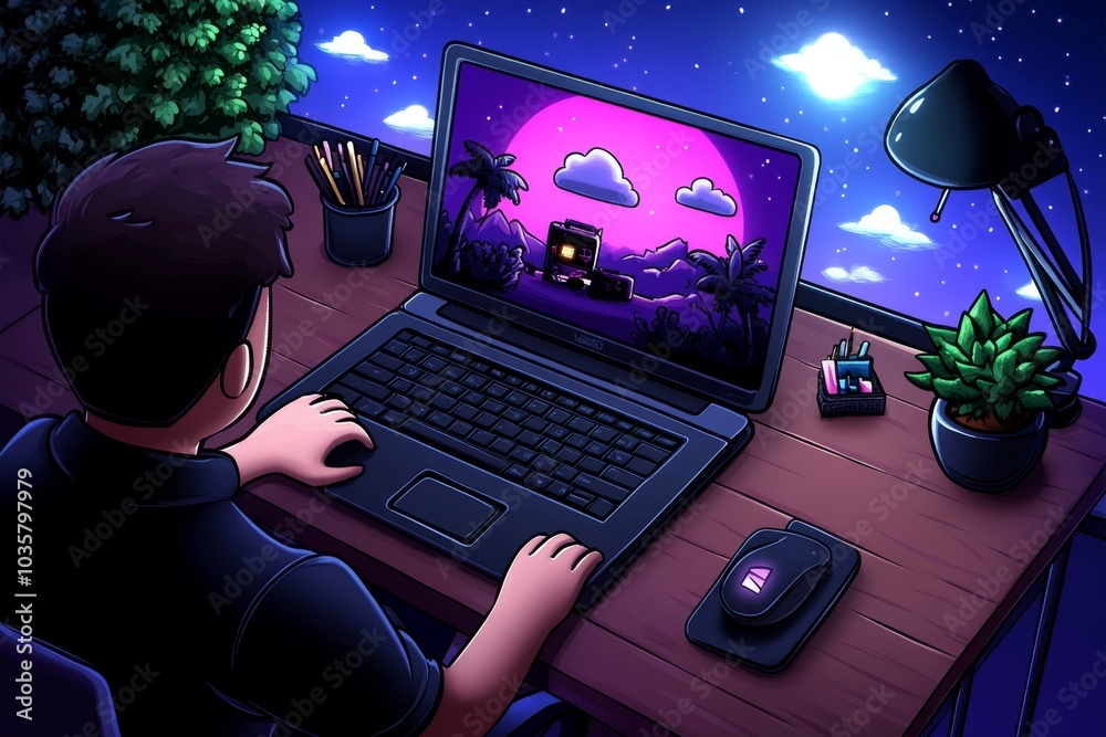 Poster pixel art version of a home office, with a tiny character typing on a pixelated laptop