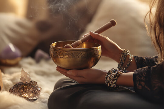 Woman holding tibetan singing bowl during meditation session with crystals
