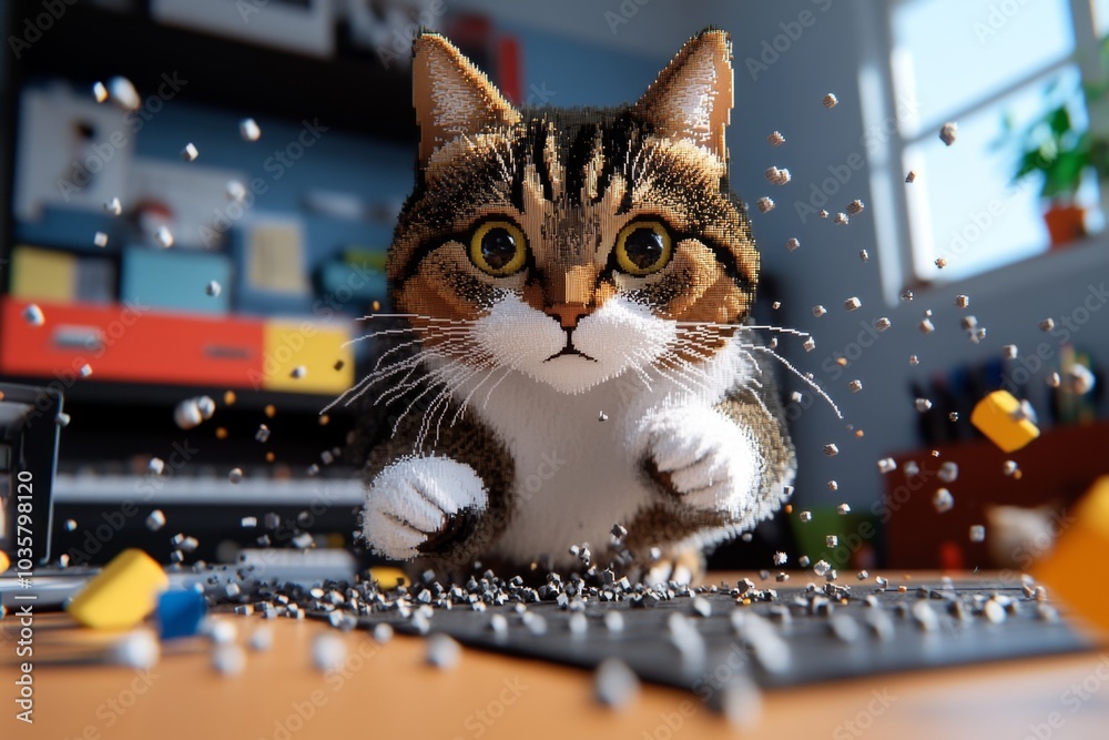 Poster Pixelated cat sitting on a desk, knocking over tiny pixel art objects