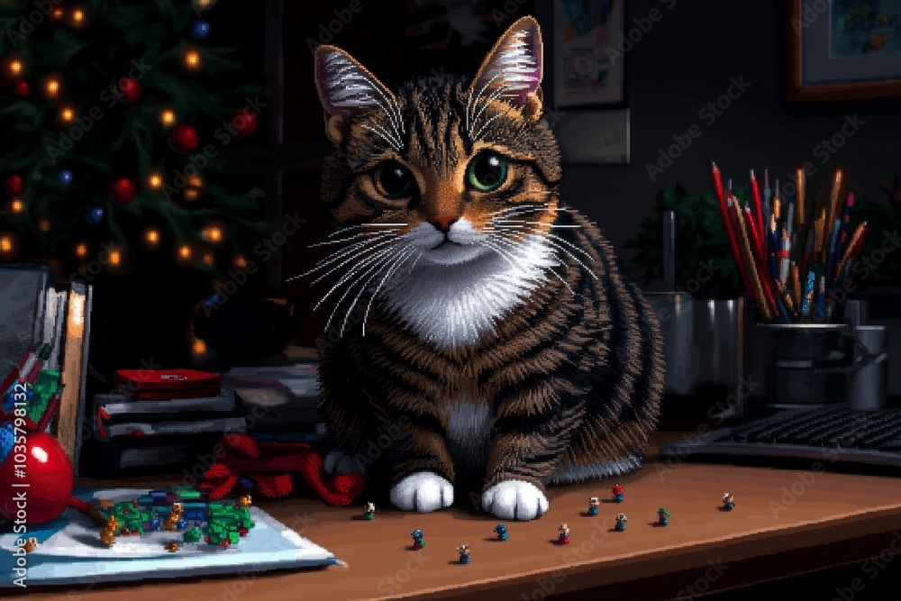 Poster Pixelated cat sitting on a desk, knocking over tiny pixel art objects