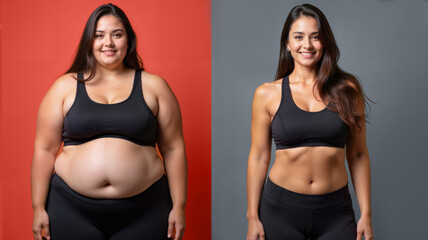 A transformative split image of a woman illustrating her weight loss journey through a balanced diet and fitness. Ideal for health blogs, weight loss programs, and motivational content