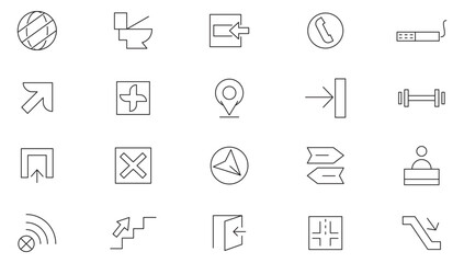 Public navigation line icon set. shopping mall, park, toilet, Taxi, education, barber, Internet, Disability, center, store, market, elevator, exit line icon set. UI thin line icon pack.