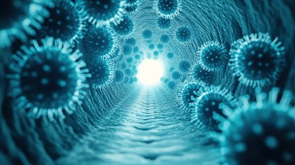 Microscopic view of viruses traveling through a tunnel-like structure, AI