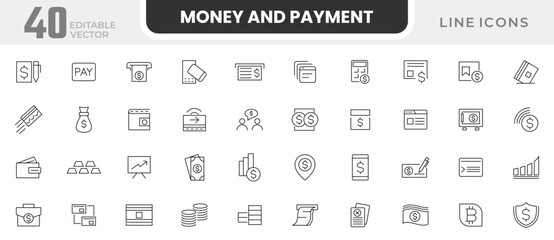 Money and Payment line icon set. Cash, saving, financial goal, profit, currency exchange, bank cards, banking, transactions, atm, purchase, bill line icon set. UI thin line icon pack.