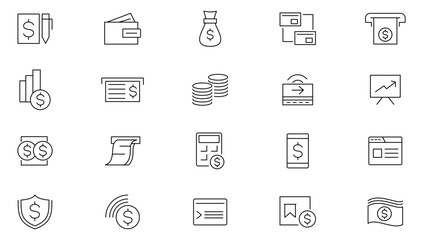 Money and Payment line icon set. Cash, saving, financial goal, profit, currency exchange, bank cards, banking, transactions, atm, purchase, bill line icon set. UI thin line icon pack.