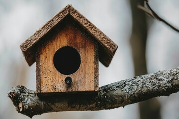 Naklejka premium A Weathered Wooden Birdhouse Perched on a Branch