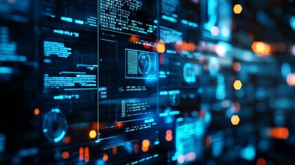 Obraz premium A vibrant digital interface with glowing data streams and code, representing advanced technology and information systems.