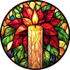 Lit Candle with Poinsettia Leaves in Stained Glass  
