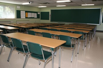 Empty classroom setting with desks and chairs ready for learning environment