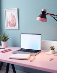 A modern workspace featuring a laptop, plants, and colorful decor in a cozy, well-lit room