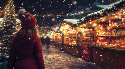 woman in red coat and festive hat enjoys snowy evening at vibrant Christmas market, surrounded by twinkling lights and holiday decorations. atmosphere is joyful and magical