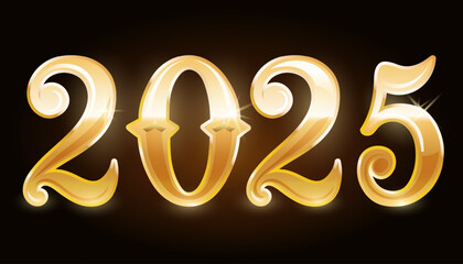 Metallic shining golden Number 2025. Shining banner. Element for website or print. Vector graphics.