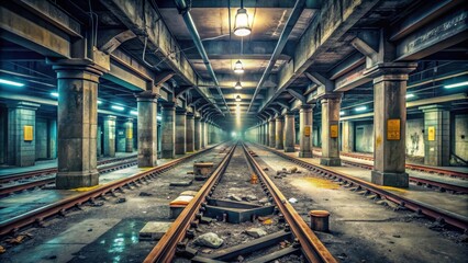 Obraz premium Post-apocalyptic subway station with littered tracks, broken concrete pillars, and dim lighting