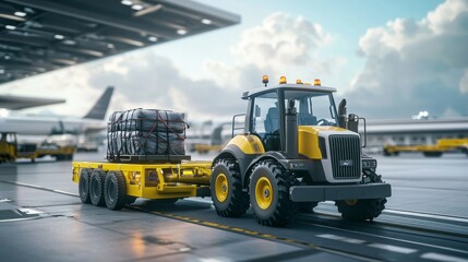 Tow tractor pulling luggage carts at airport apron