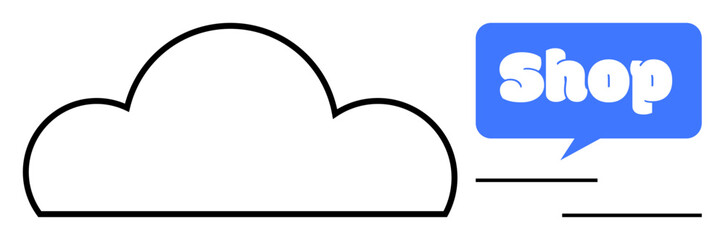 Black cloud outline with a blue speech bubble containing the word Shop in white text. Ideal for e-commerce, cloud storage, online stores, digital marketing, web hosting. Minimalist and modern style