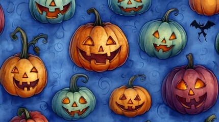Colorful Halloween pumpkins with smiling faces on a blue background.