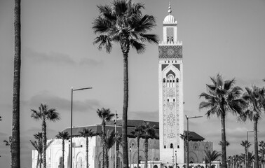 Casablanca, Morocco : The Hassan II mosque, also called the Great Mosque. Black and white picture. Binary Camera.