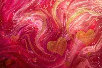 Obraz premium Vibrant Valentine's Day Abstract with Swirling Pink and Red Hearts, Golden Glitter and Sparkles