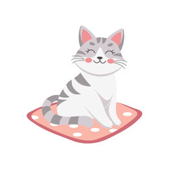 Cute cat. Cute gray tabby kitten on a pillow. Flat style illustration, postcard