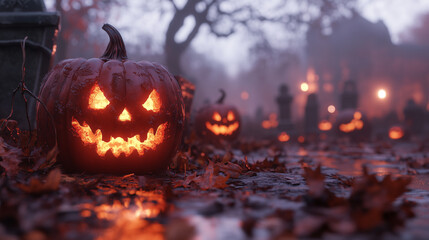 Fototapeta premium Halloween costumes with pumpkins in a misty graveyard.