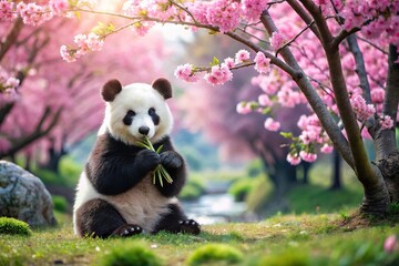 Obraz premium Adorable panda gardening bamboo in a serene Japanese garden with cherry blossoms in depth of field