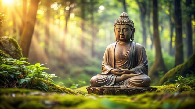 Tranquil image of a Buddha statue surrounded by a peaceful forest setting , Serene, Buddha, statue, forest, peaceful, tranquil - Powered by Adobe