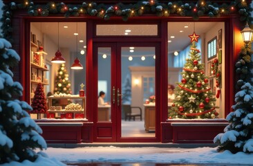 A holiday-themed storefront with festive lights and a glass door, showcasing a blank sign for customizable messages or promotions