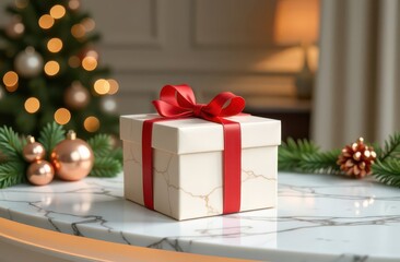 A luxurious marble-effect gift wrapped with a red ribbon, surrounded by festive ornaments, perfect for gift promotions or seasonal advertising