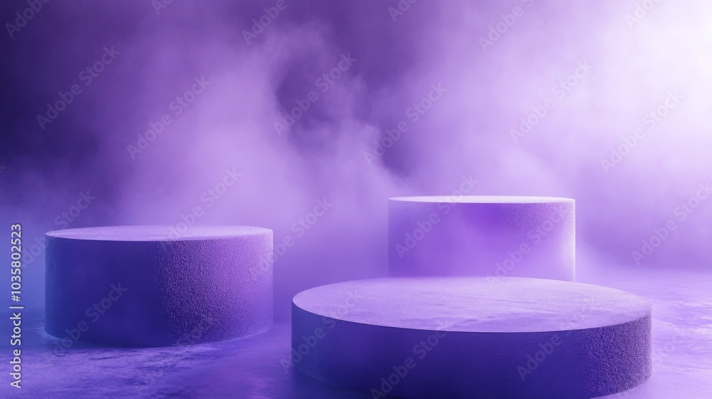 Aufkleber three circular platforms rest on the ground, enveloped in a soft purple mist. the ambient light high