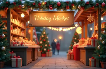 A holiday market stand with Christmas decorations and a blank signboard, ideal for promoting seasonal sales or events