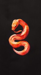 Obraz premium A red and orange snake painting against a black backdrop; reflection of its head in the water