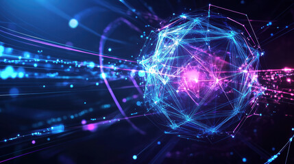 Fototapeta premium Dynamic glowing polyhedron with vibrant light trails and energy