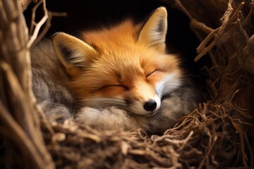 Obraz premium A cute fox is sleeping in the den,ai generated