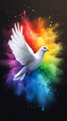 Fototapeta premium A white dove flies against a backdrop of multicolored clouds, comprised of smoke and stars, on a black canvas The rainbow hues are distinctly visible within the swirling