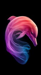  A dolphin in vibrant hues against a black backdrop, exhaling smoke from its mouth, with its lower half exposed