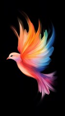 Obraz premium Multicolored bird flies against black backdrop, wings spread