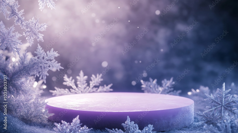 Poster a purple platform sits in the middle of a snowy landscape. there are snowflakes in the background an