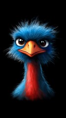 Obraz premium A tight shot of an ostrich's head against a black backdrop, its red and blue beak in sharp focus