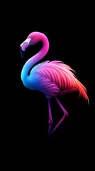  A flamingo stands in the dark, turning its head to one side