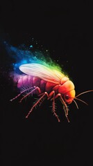  A tight shot of a bug against a black backdrop, featuring a rainbow-hued substance at its center