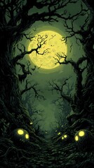 Fototapeta premium Eerie forest path under a glowing full moon with spooky, glowing eyes in the dark.