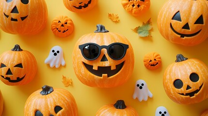 Whimsical Halloween pumpkins on vibrant yellow background with playful elements.