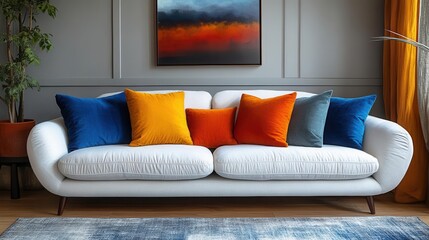 Fototapeta premium scandinavianinspired modern living room with a white sofa colorful pillows and an art poster creating a cozy and inviting atmosphere filled with style