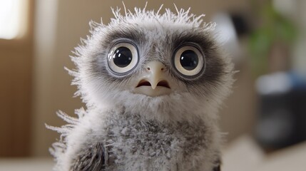 Obraz premium Adorable baby owl with wide eyes and soft, fluffy white feathers, gazing curiously at the camera