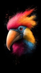 Fototapeta premium A vibrant bird against a black backdrop, sporting a red, yellow, blue, and orange feathered crest