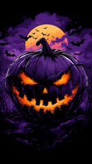 A sinister purple Halloween pumpkin with glowing eyes under a full moon.